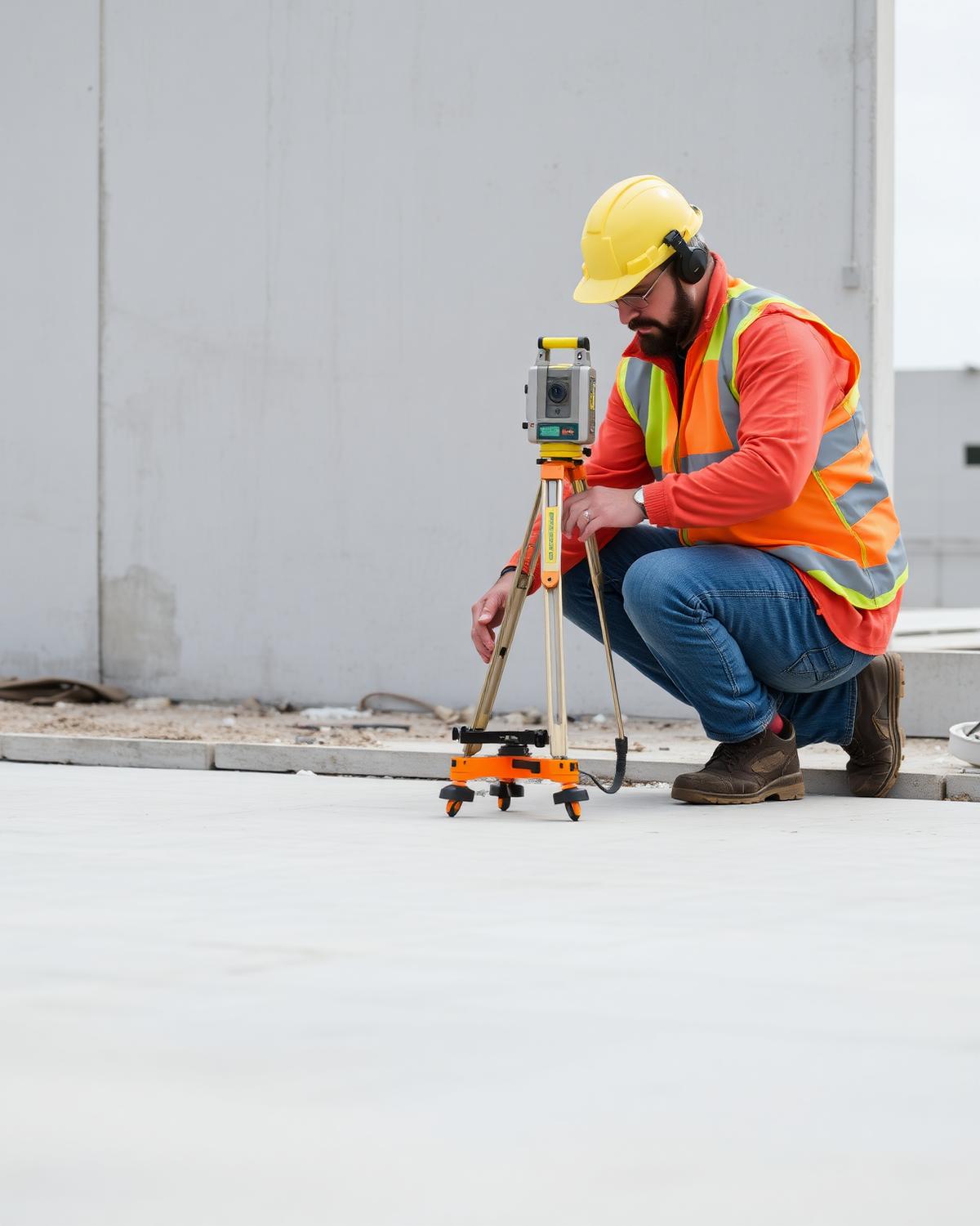 Técnico realizando nivelación sobre una losa de concreto