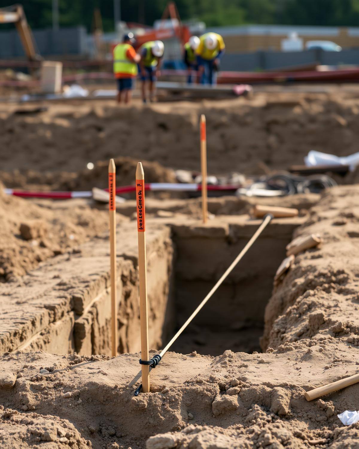 Estacas y líneas de replanteo en una excavación de obra